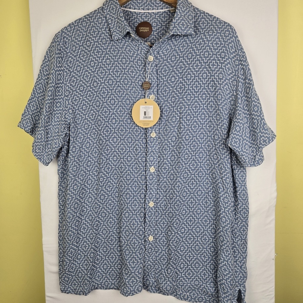Common People Men's Textured Linen Blend Shirt Blue Geometric Embroid Size M NWT - Picture 2 of 11